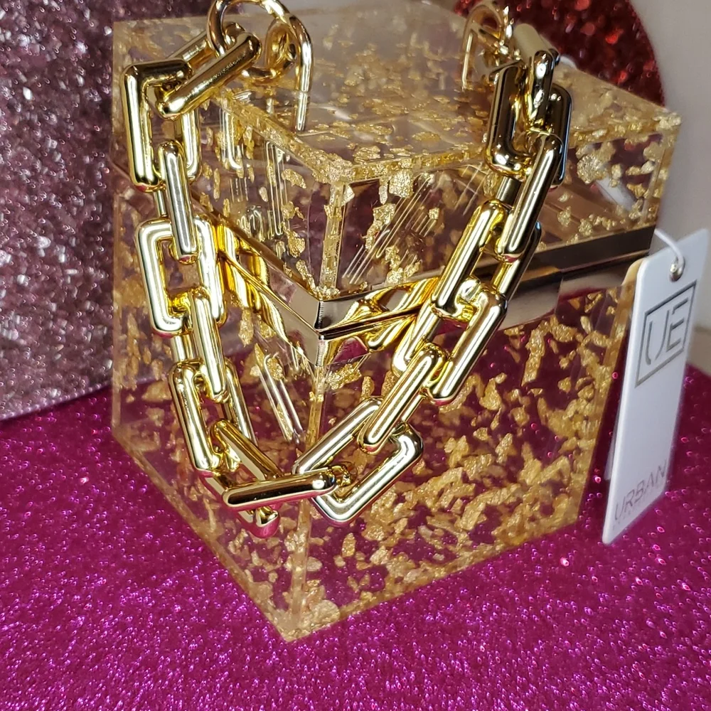 🎉HP🎉Urban Expressions 💜NWT💜 Acrylic Gold Foil Box Bag & Gold Chain Handle! - Picture 3 of 15